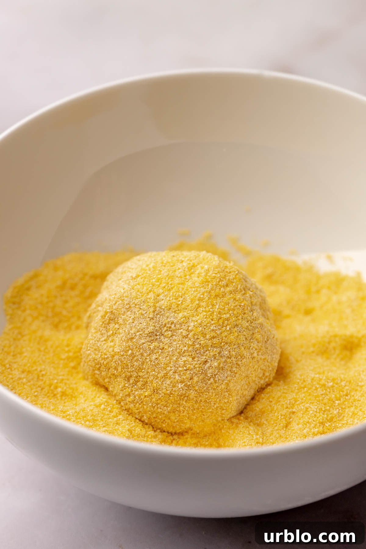 A ball of cookie dough in cornmeal.