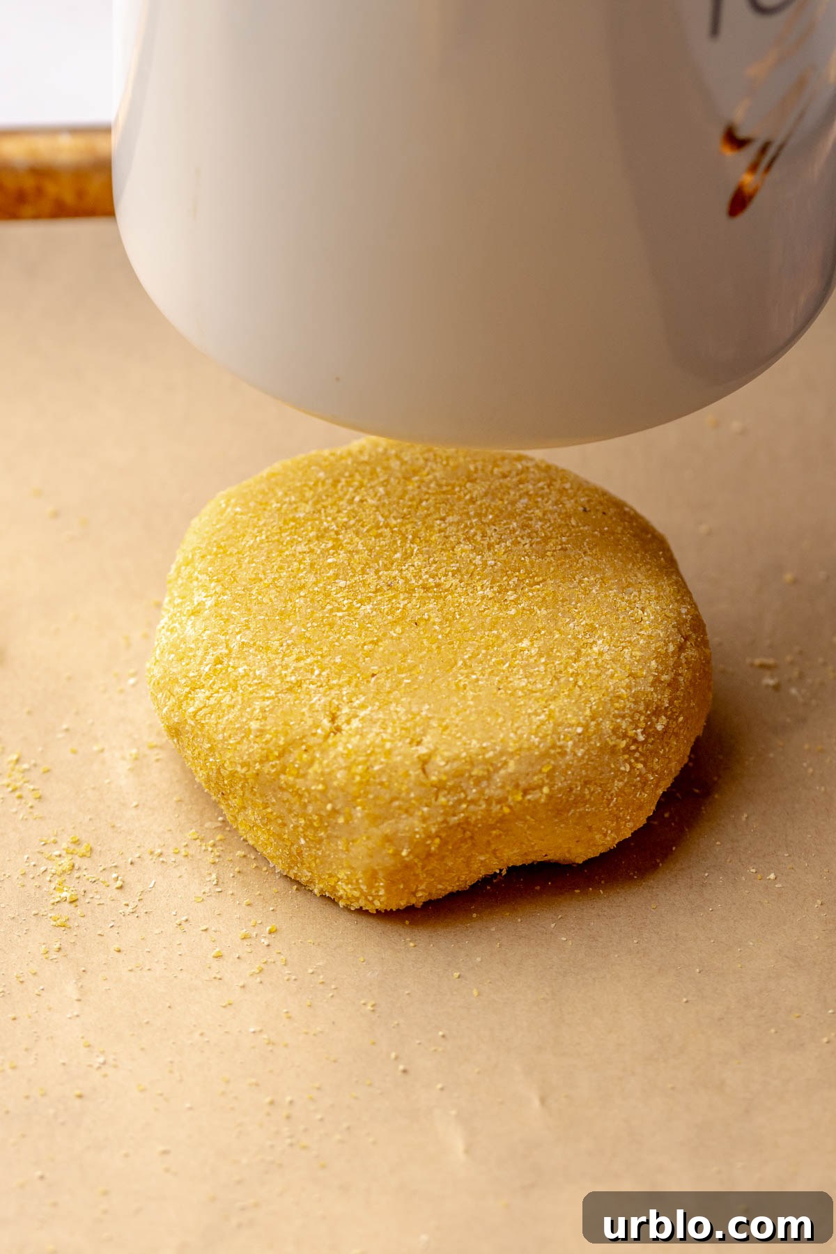 A coffee mug presses balls of cookie dough down on a baking sheet to flatten them.