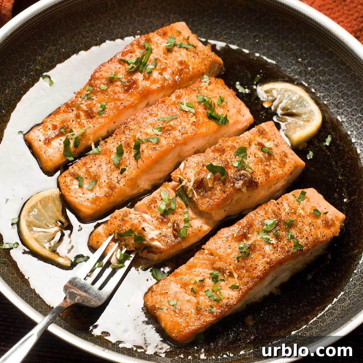 Honey Garlic Pan-Seared Salmon in Hexclad Hybrid Frying Pan.