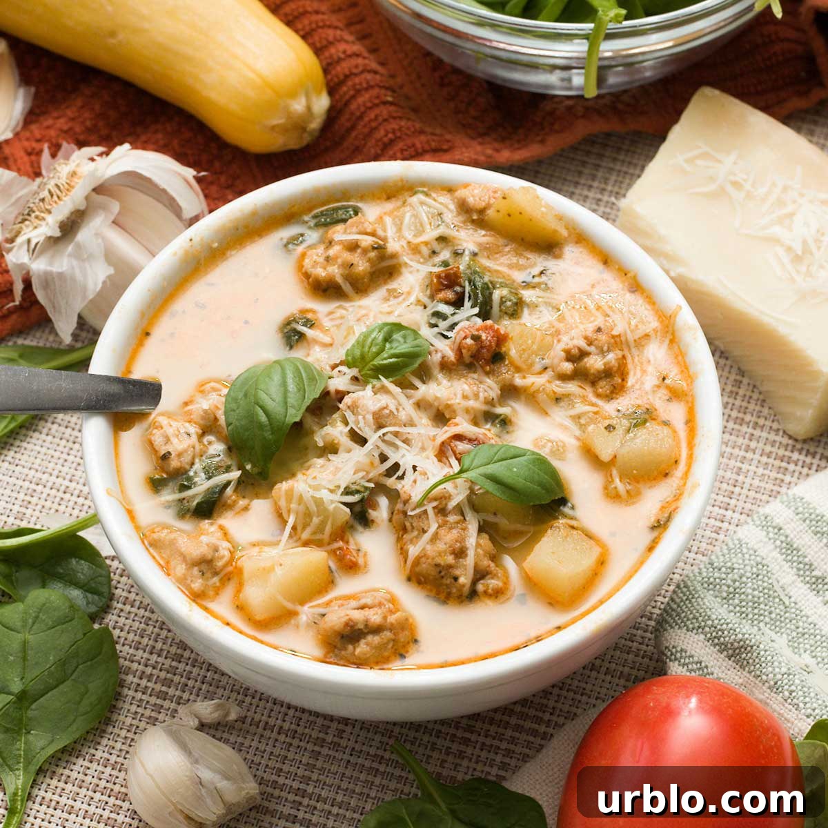 A bowl of healthy marry me chicken soup with greek yogurt with spinach and sun-dried tomatoes.