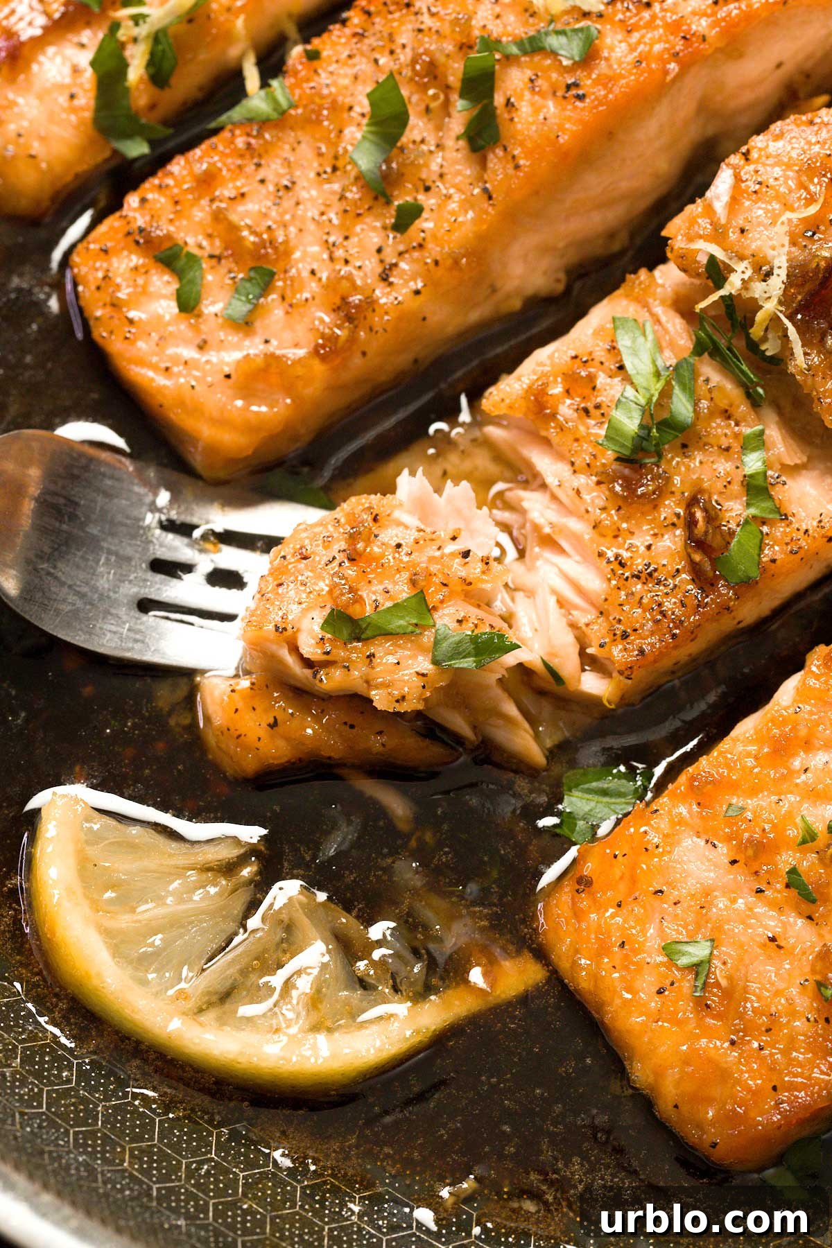 Honey Garlic Pan-Seared Salmon in Hexclad Hybrid Frying Pan.