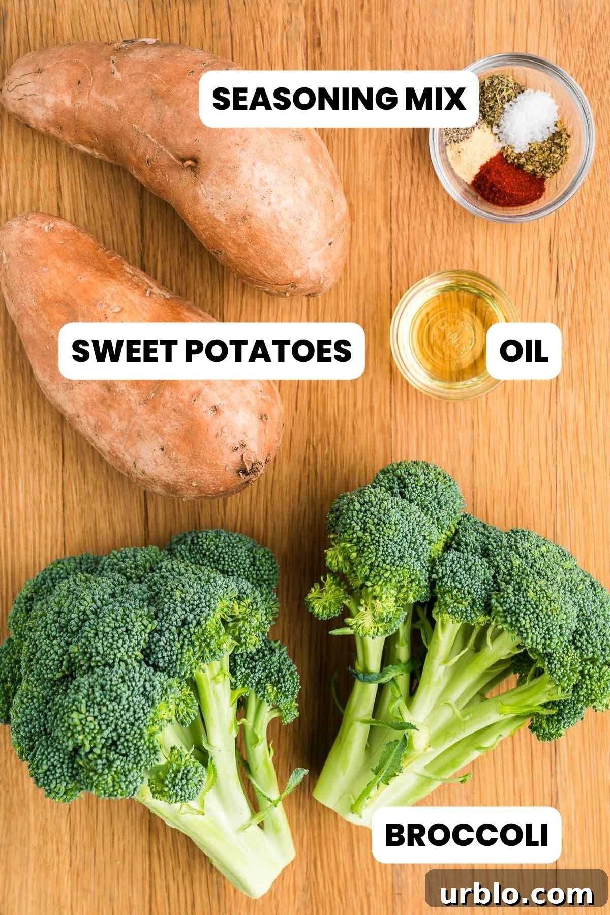 roasted broccoli and sweet potatoes ingredients on a board