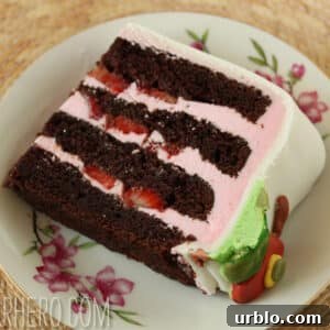 Very Hungry Caterpillar Birthday Cake Ideas and Decorating Tips 7 A slice of the Very Hungry Caterpillar Cake showing layers of strawberry Swiss meringue buttercream.
