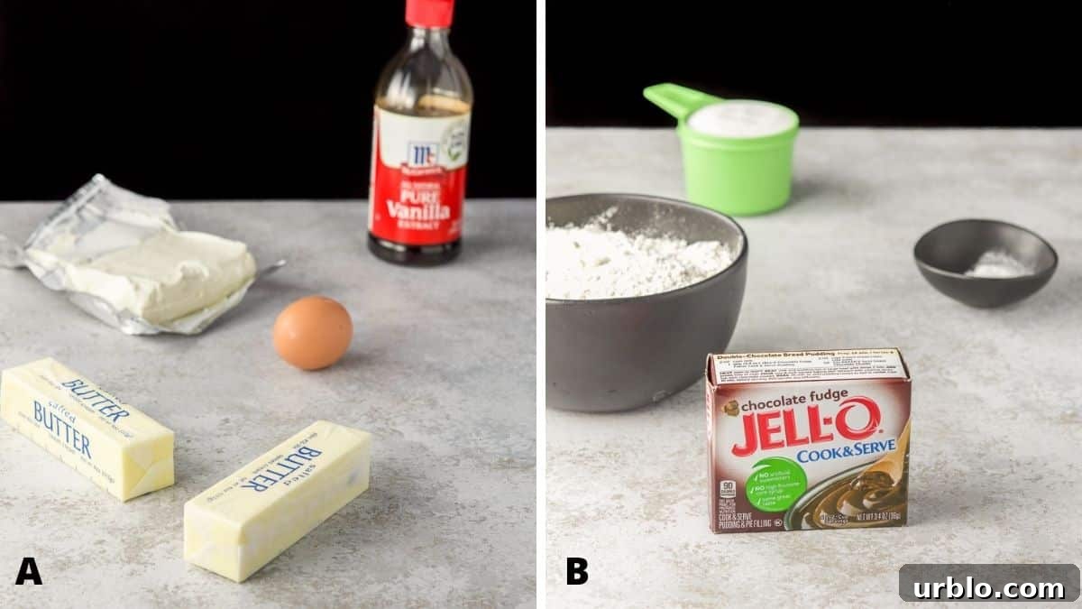On the left - butter, cream cheese, egg and vanilla. On the right - pudding, flour, sugar and baking soda