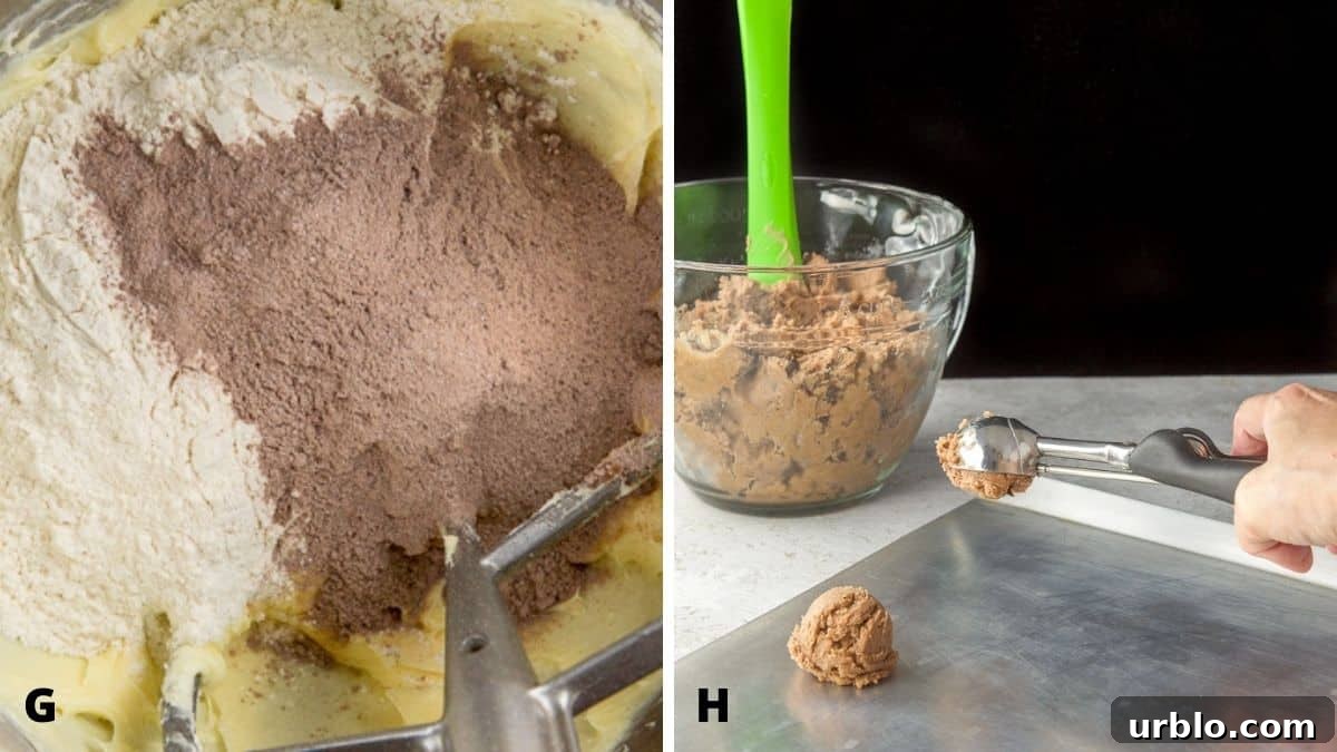 On the left - pudding, flour and baking soda in the mixer. And on the right - a hand holding a scoop of batter over the cookie sheet with a bowl of batter in the background