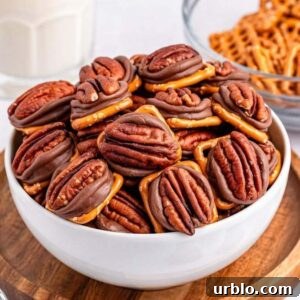 A bowl of 3-ingredient pretzel turtle bites on a rustic wooden board.