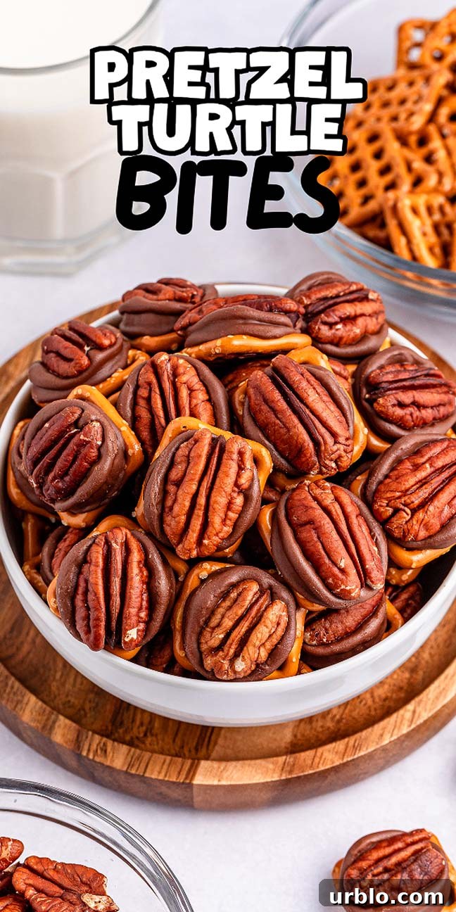 A bowl of decadent pretzel turtle bites topped with pecans sits invitingly, accompanied by whole pretzels and a chilled glass of milk.
