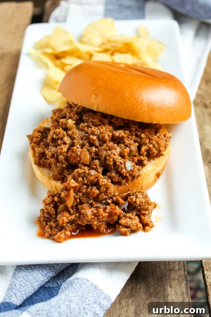 Sloppy Joe sandwich on plate with chips.