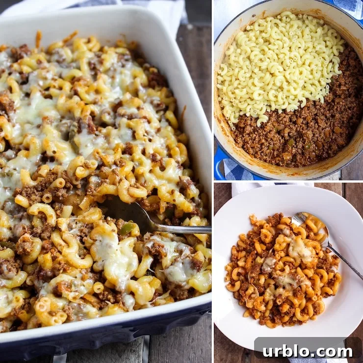 Photo collage of sloppy joe casserole.
