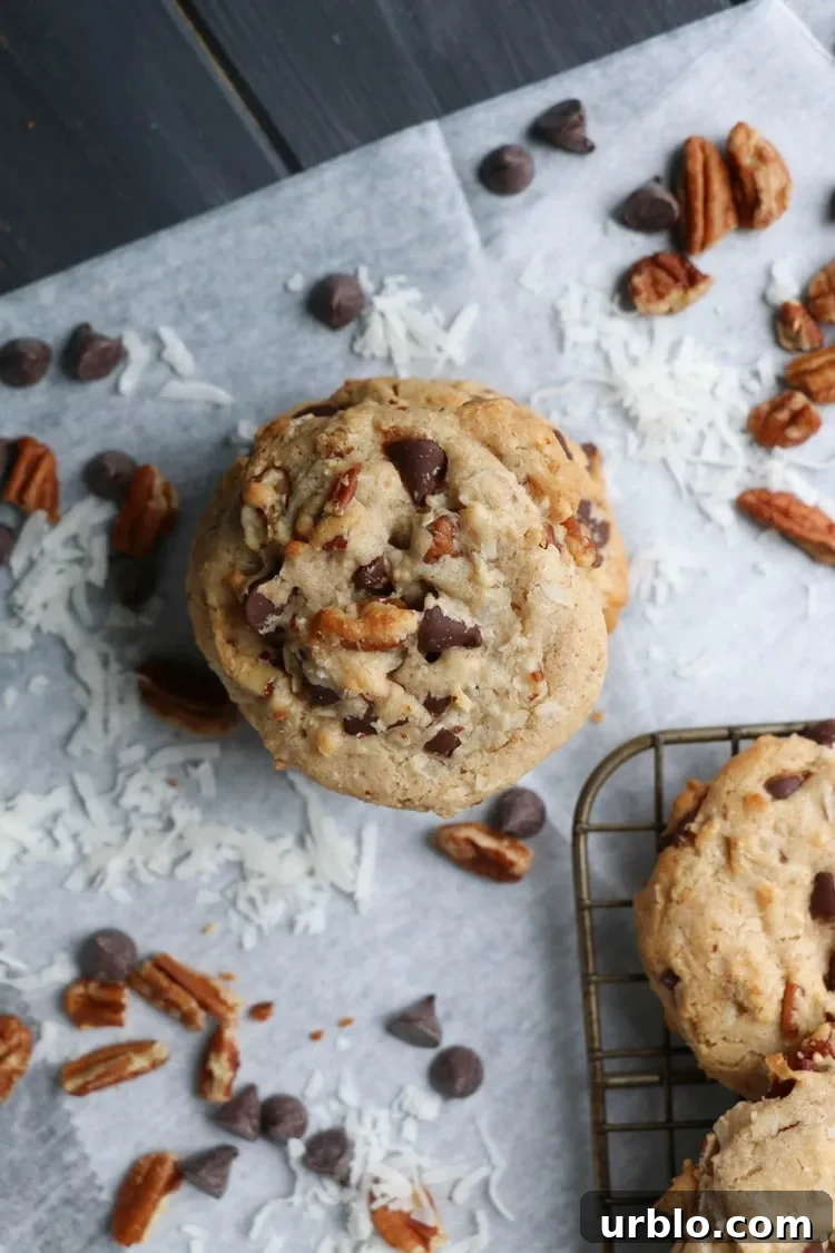 overhead close up of a stack of treasure cookies surrounded by loose coconut flakes, chocolate chips and pecans