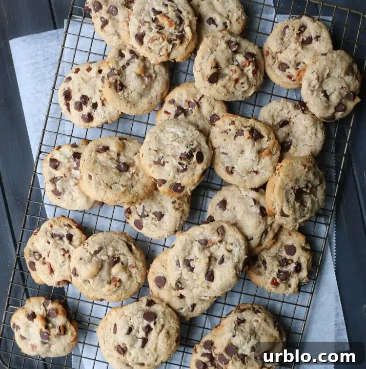 overhead view of baked treasure cookies piled on a cooling rack