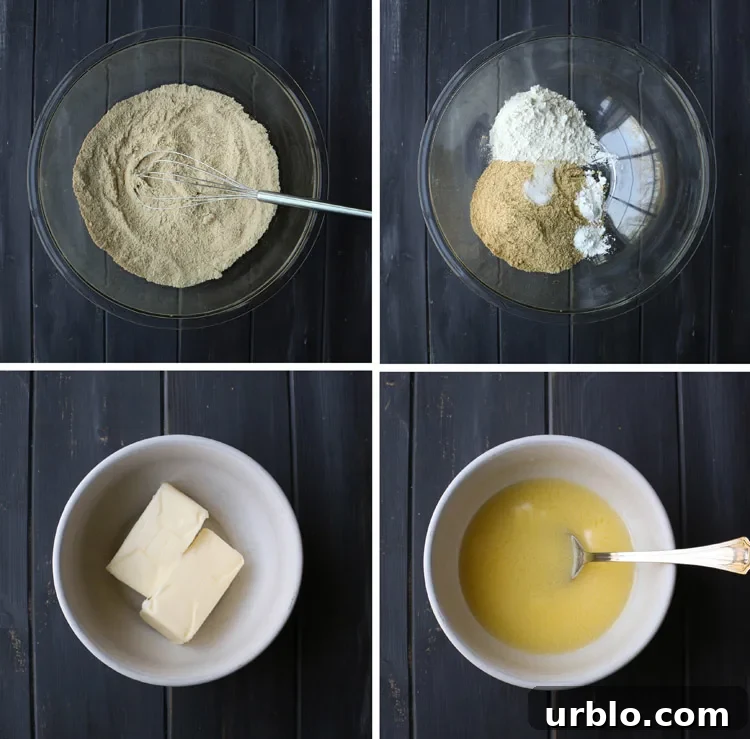 four photos, one with graham cracker crumbs, one with crumbs with added dry ingredients, one with sticks of butter in a bowl, one with melted butter in a white bowl