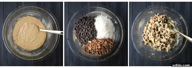 Trio of pictures, one with batter in a glass bowl, one with chocolate chips, pecans and coconut on top, one with all topping mixed into the batter