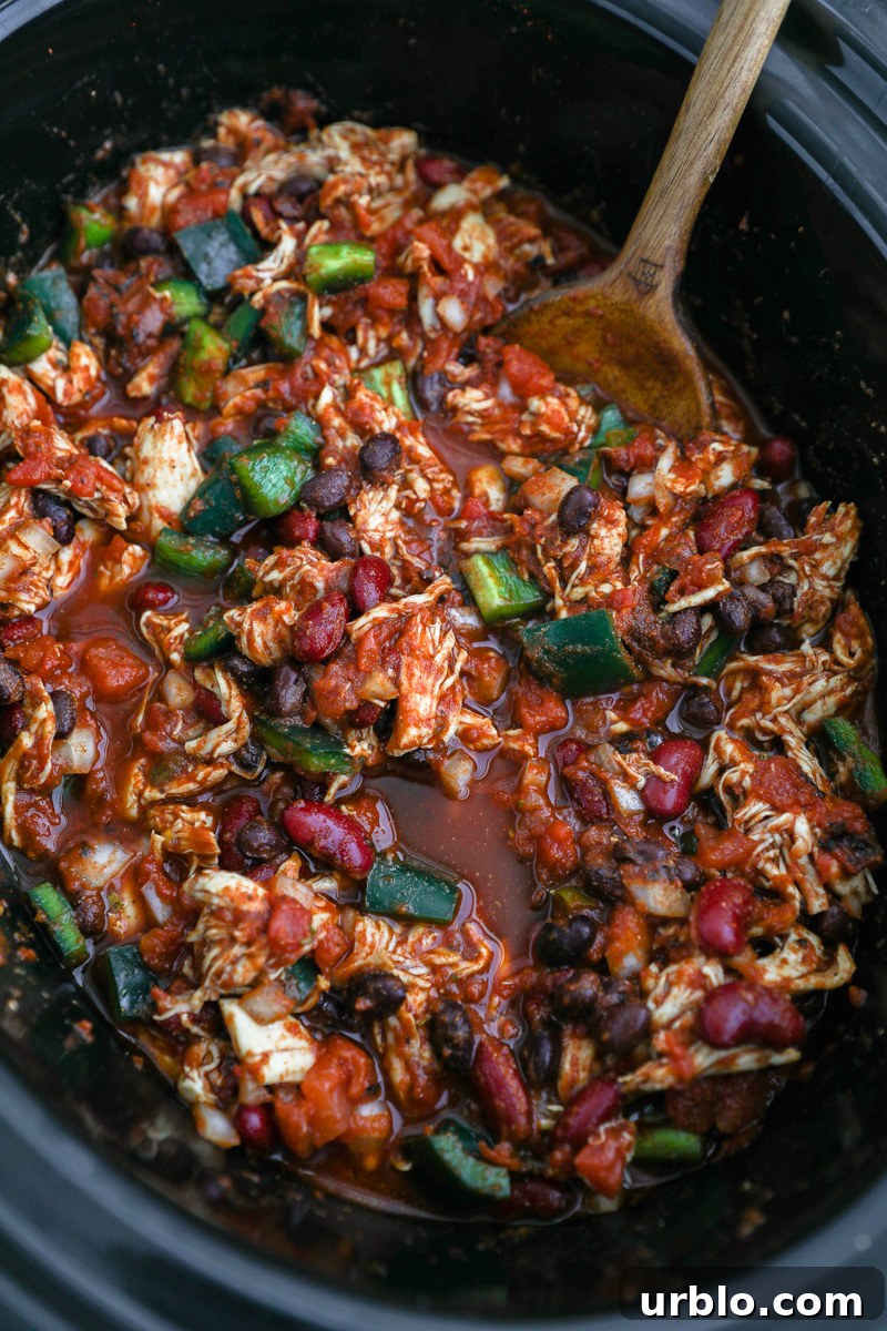 A crockpot filled with shredded chicken, black beans, kidney beans, poblano peppers, onion, chicken broth, chipotle chili powder and other smokey flavors ready to be cooked.