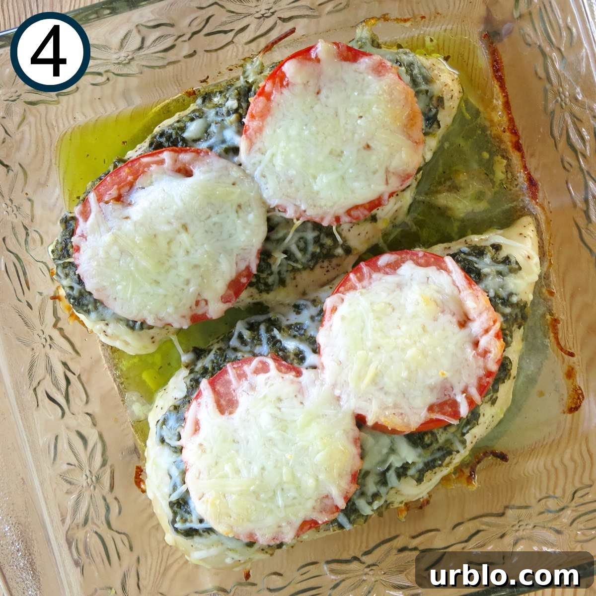 Crispy Baked Pesto Chicken Breast with Parmesan Crust 6 Cooked pesto chicken in a glass baking dish.