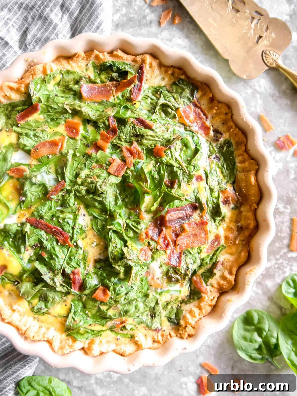 Bacon spinach quiche fresh out of the oven.