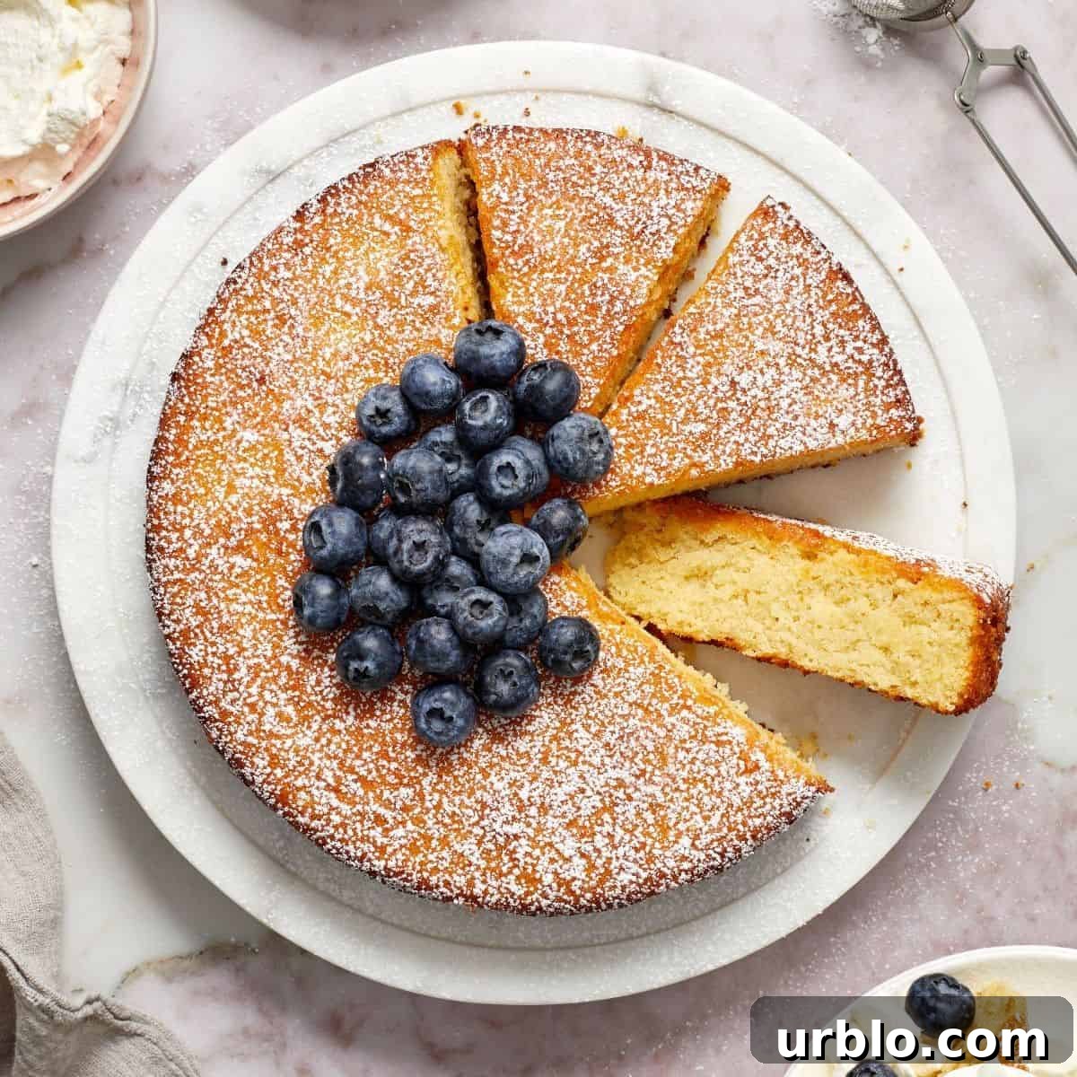 Almond Flour Cake topped with fresh blueberries, with three pieces cut, one lying on side to show texture of cake.