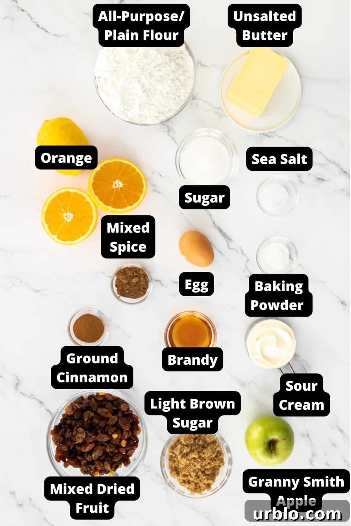 Ingredients in this recipe on a white marble background.