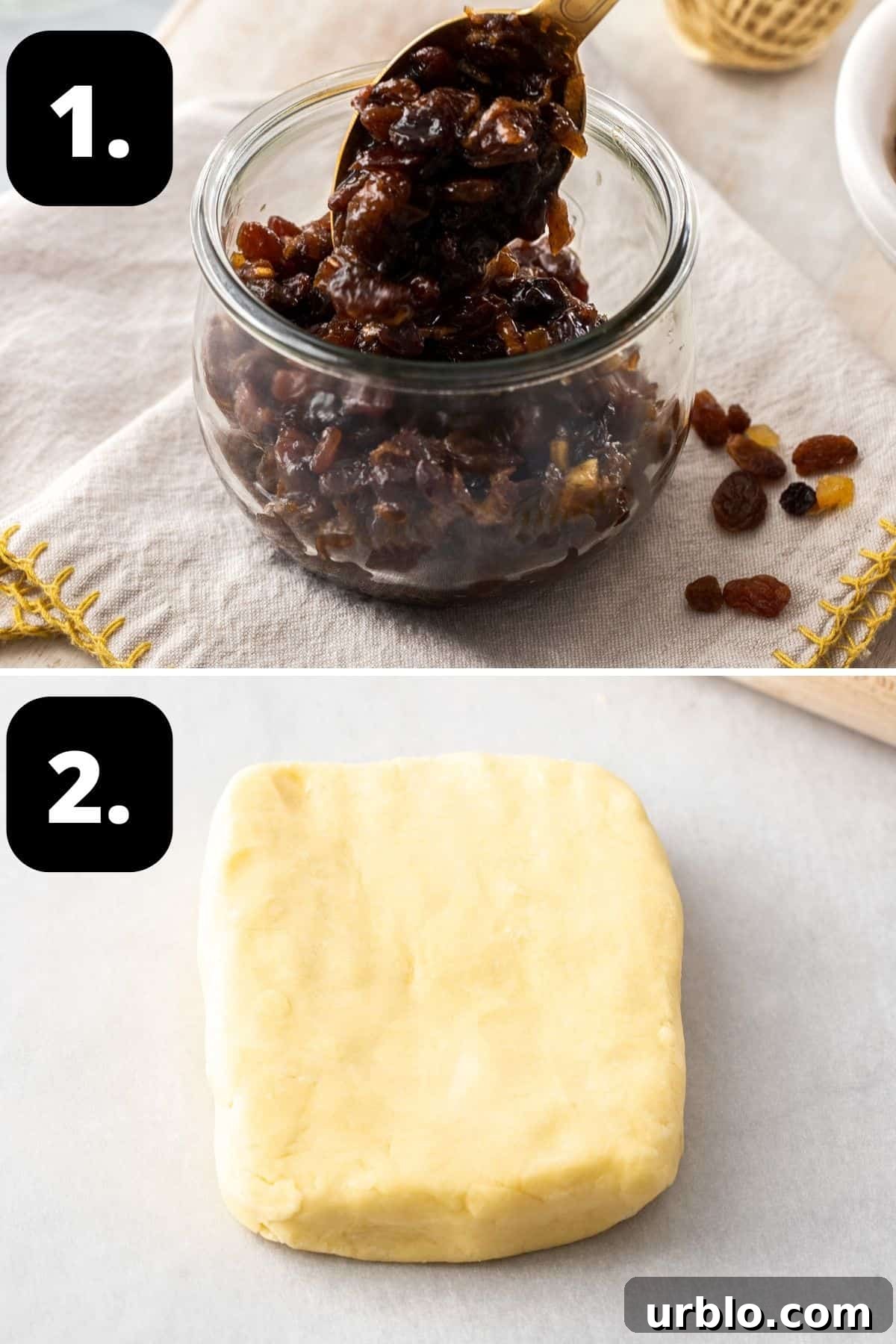 Steps 1-2 of preparing this recipe: the prepared fruit mince in a jar and the pastry ready to be rolled out.