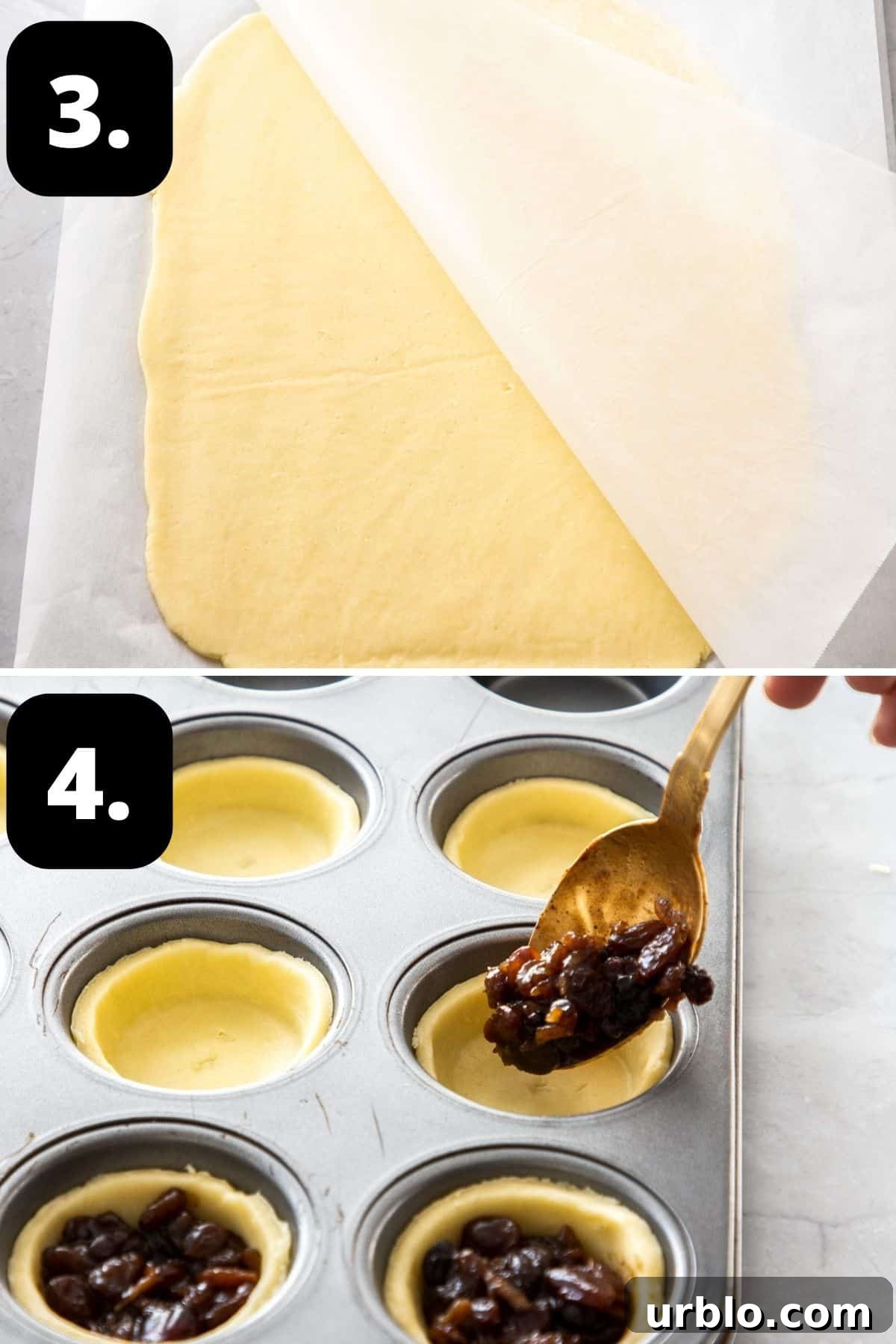 Steps 3-4 of preparing this recipe: the pastry rolled out and filling the tart shells in a muffin tin with the fruit mince.