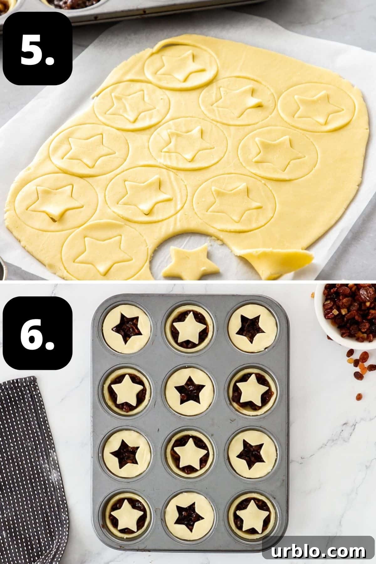 Steps 5-6 of preparing this recipe: cutting the tops out of the pastry and the pies in the muffin tin ready for baking.