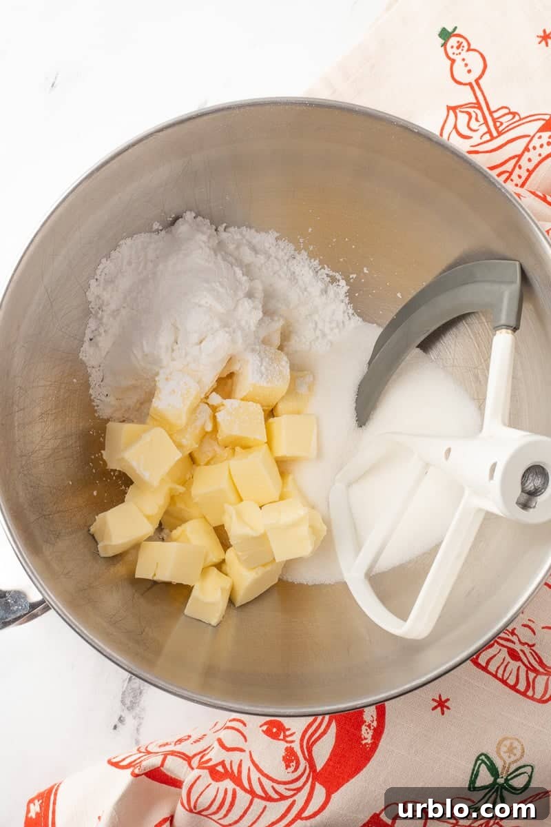 Chocolate-Dipped Pecan Sandies Cookies: Crunchy Butter Shortbread 5 Sugar, butter and powdered sugar in bowl from stand mixer with paddle attachment.