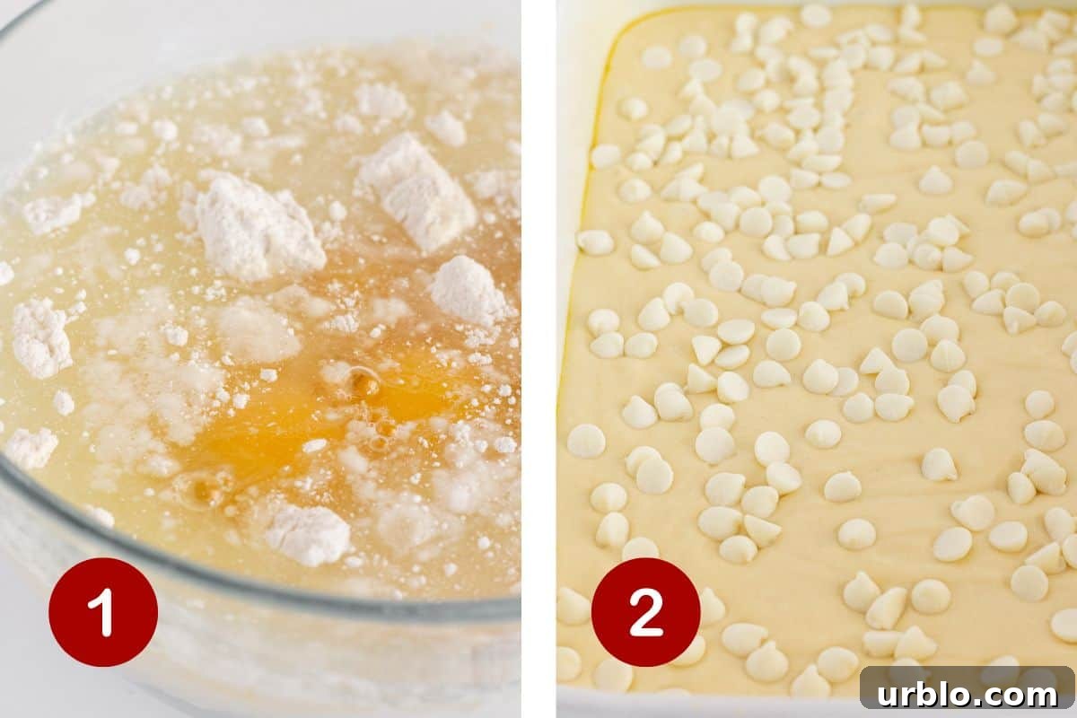 Making the cake batter and adding it to a prepared pan with white chocolate chips.