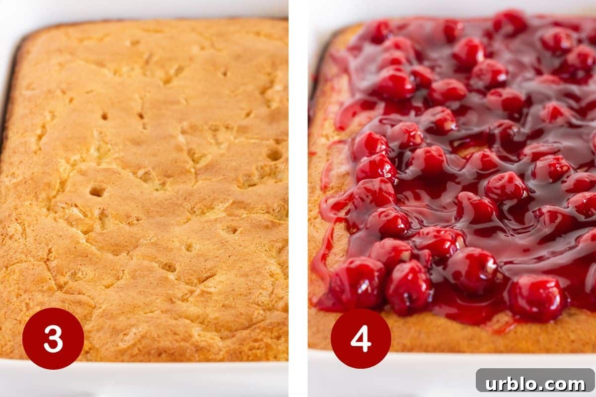 Baking the cake and topping it with cherry pie filling.