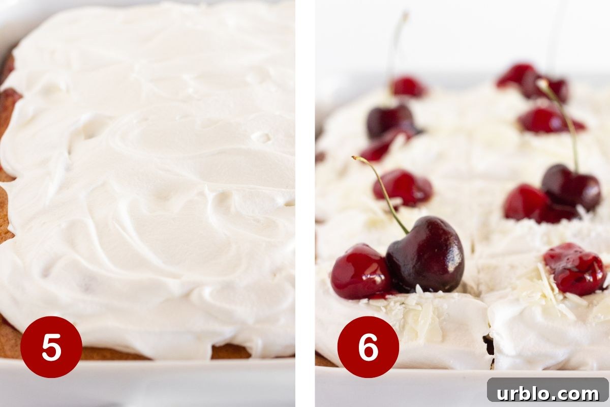 Topping the pie filling with whipped cream, fresh cherries and white chocolate shavings.