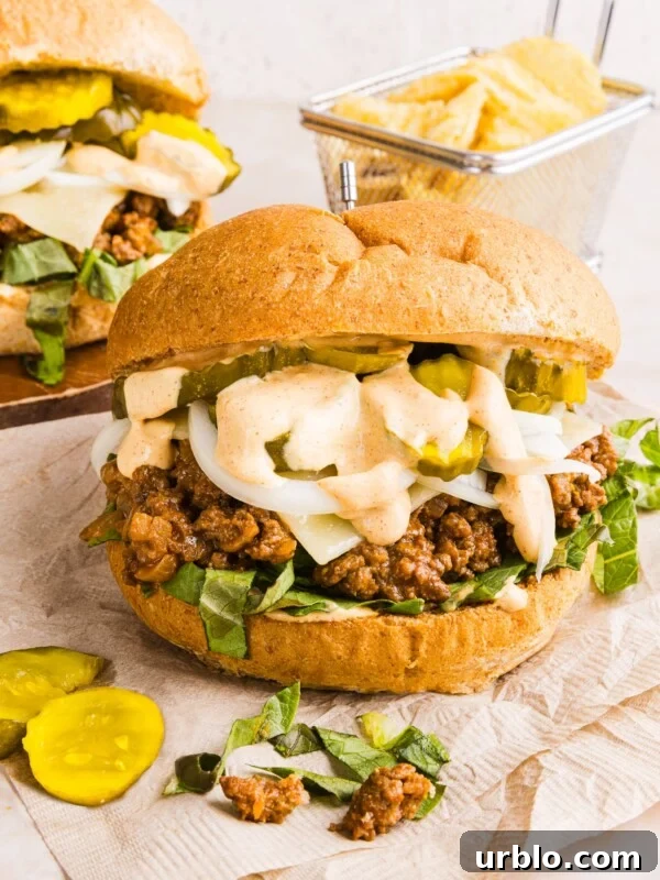 A big mac sloppy joe with big mac sauce and pickles with chips.