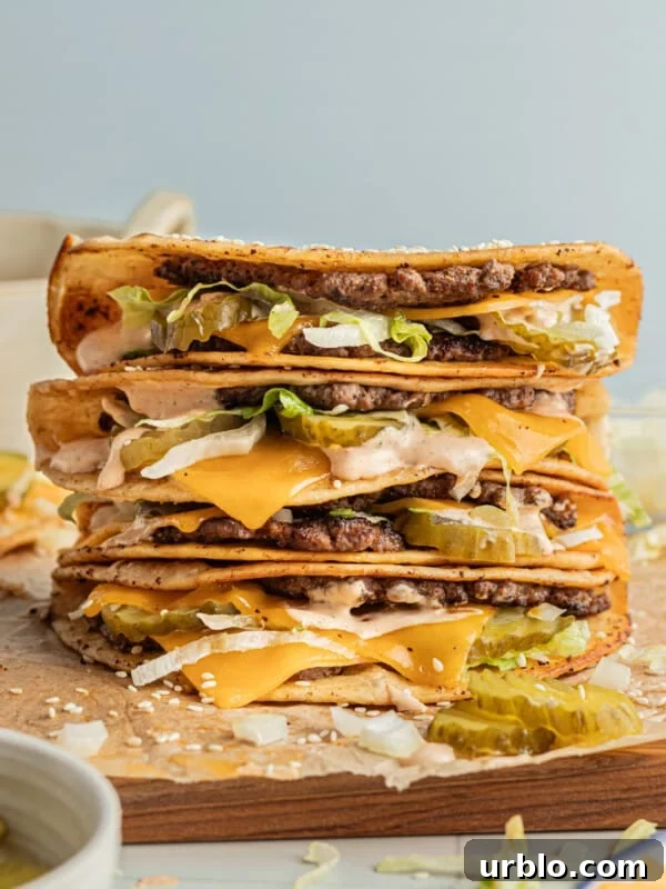 A stack of Big Mac tacos (smash burger tacos).