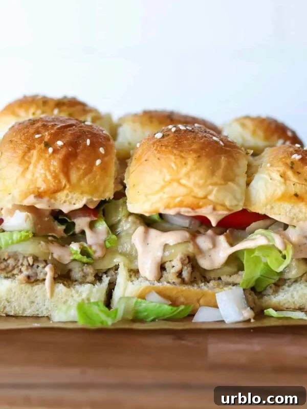 Ground turkey sliders with lettuce, tomato, pickles and burger sauce.