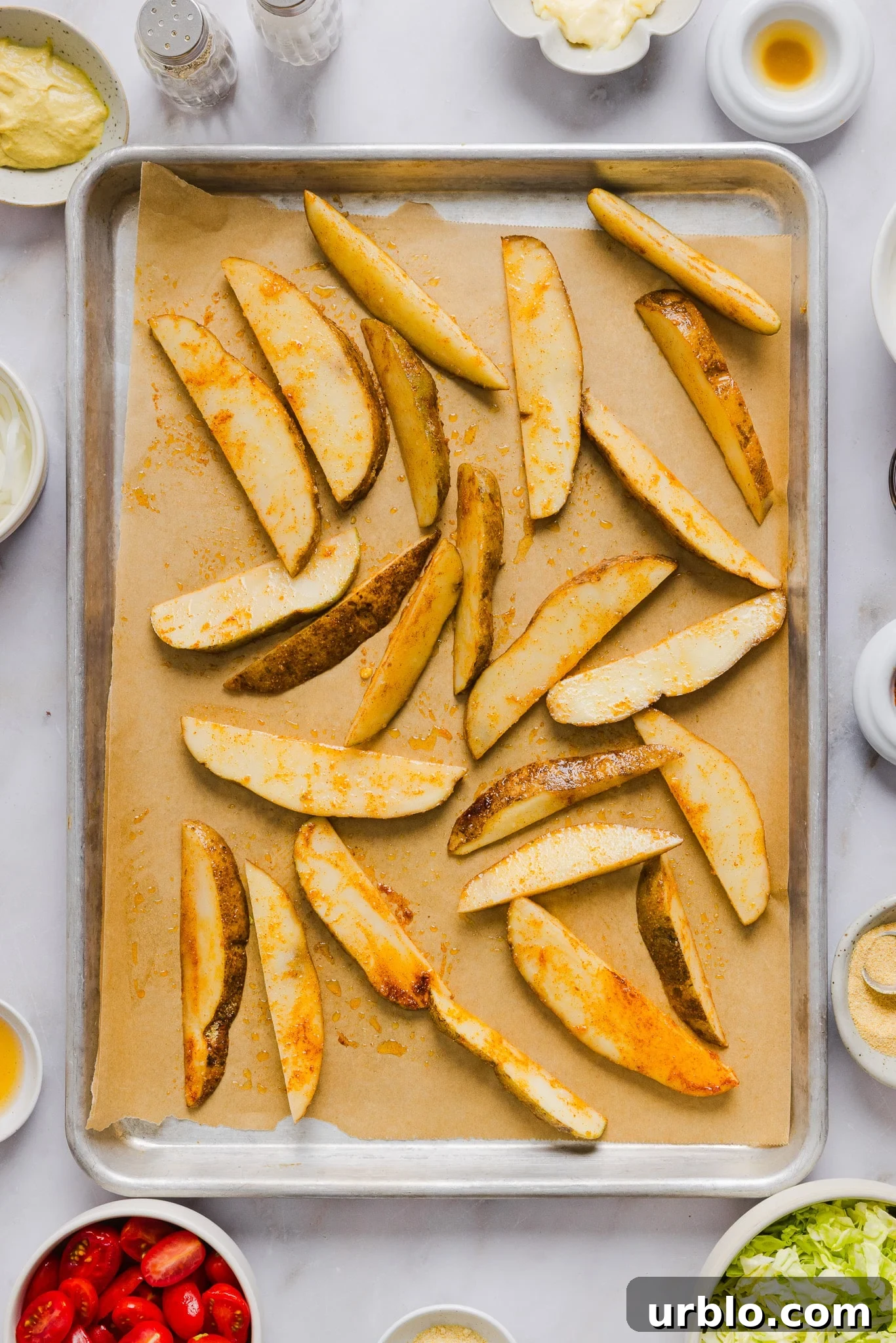 Seasoned potato wedges on a parchment lined baking sheet ready for the oven.