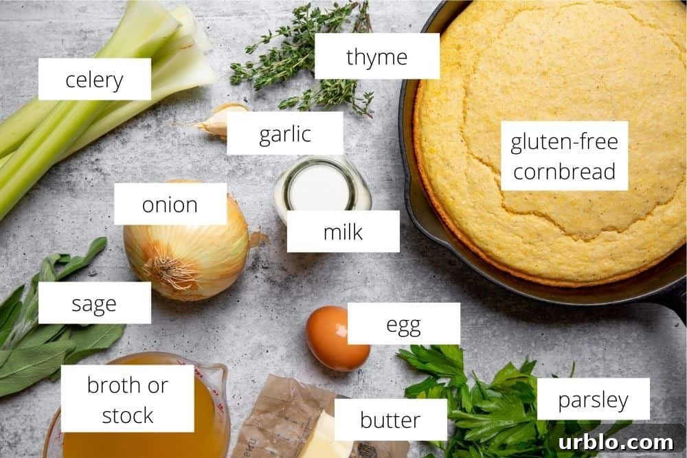 Gluten-Free Cornbread Stuffing Recipe (Cornbread Dressing) 4 All of the ingredients for the gluten free cornbread stuffing recipe arranged on a surface with labels.