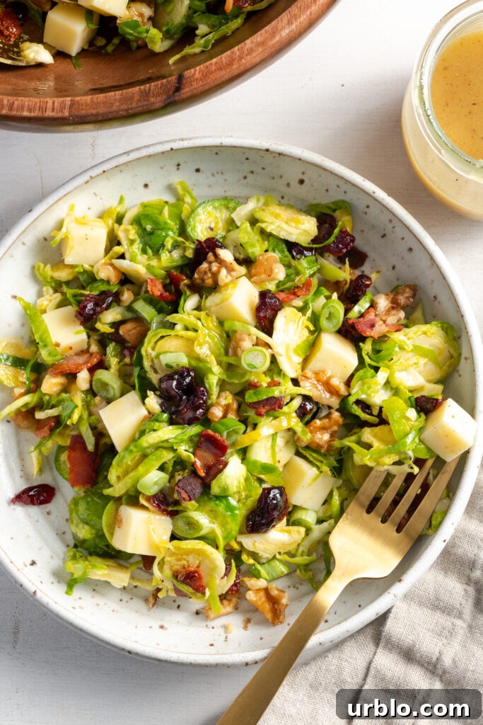 overhead shot of a flecked white earthenware pasta bowl filled with a portion of shaved brussel sprouts salad with bacon, cheese, and cranberries on a white table with a gold fork.