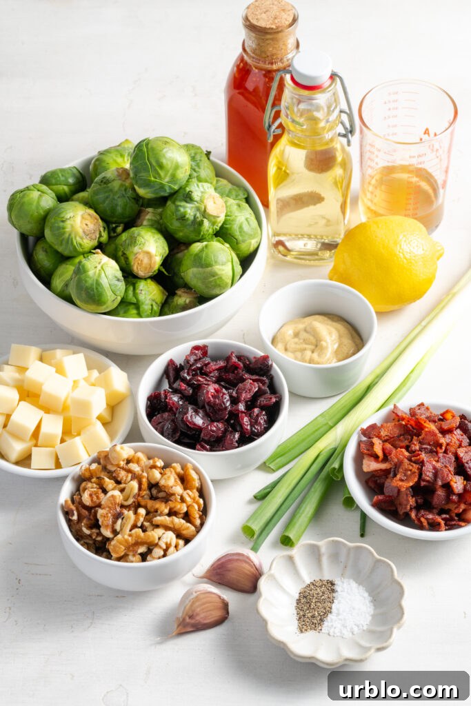 ingredients needed to make shaved brussels sprouts salad recipe measured out on a white table.