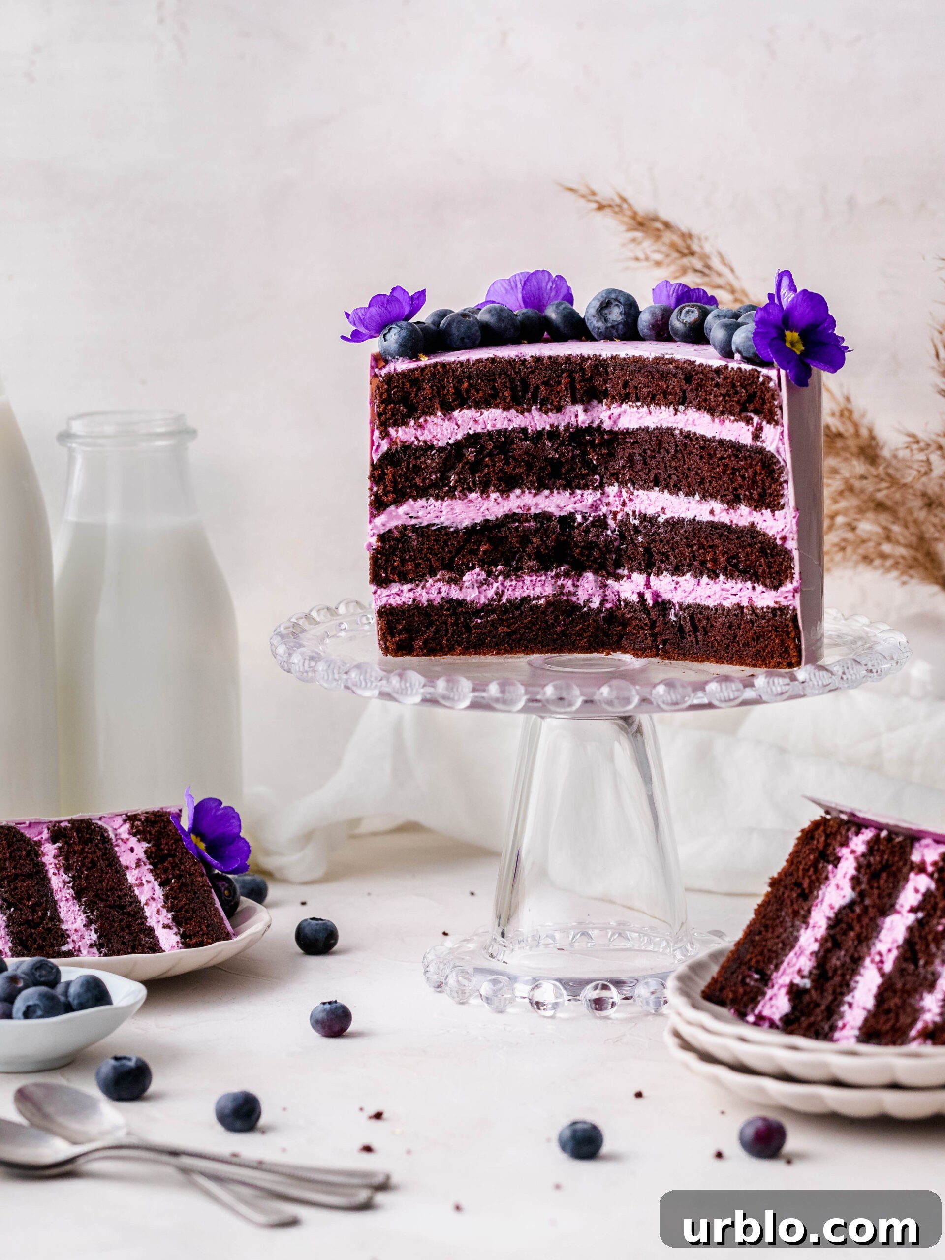 Blueberry Cream Cheese Chocolate Cake on a cake stand.