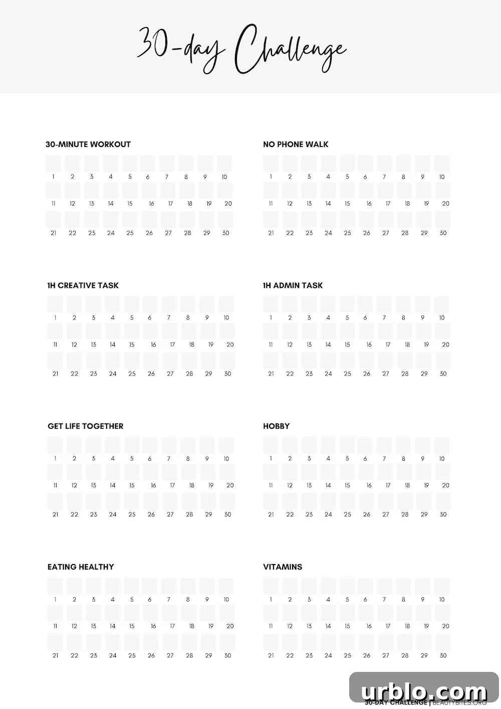 30-day self improvement challenge with habit tracker to create good daily habits, improve your health and fitness and create a better lifestyle. Plan better, become more productive and get into a good daily routine with these personal development tips and challenge ideas!