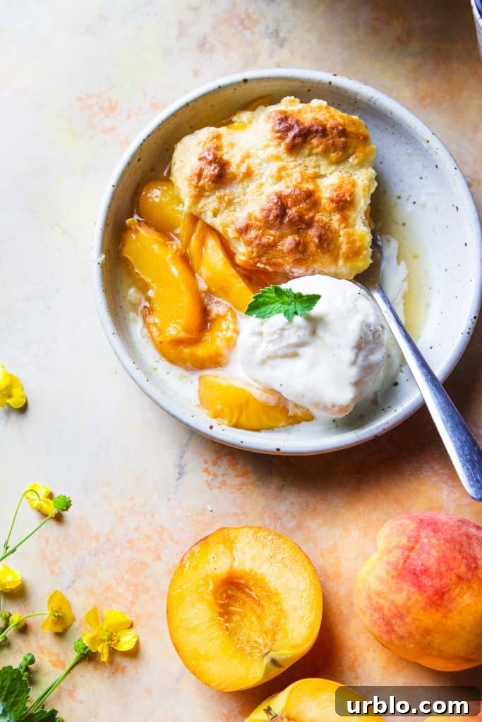 A serving of peach cobbler with vanilla ice cream. Fresh mint on top