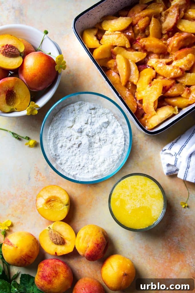 ingredients for peach cobbler on the table. bowl with flour. small bowl with melted butter. sliced peaches in baking dish and extra peaches on the table
