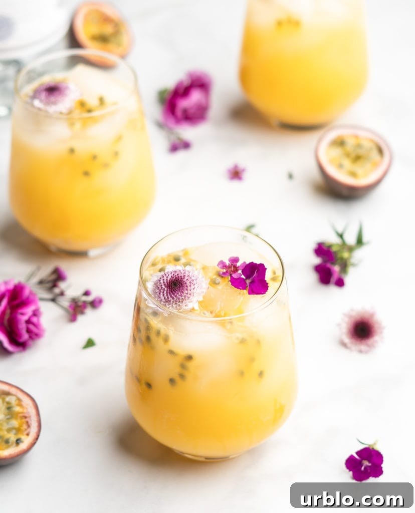 This gorgeous cocktail just screams summer, with the tropical passion fruit, bubbly club soda, and flavorful gin.