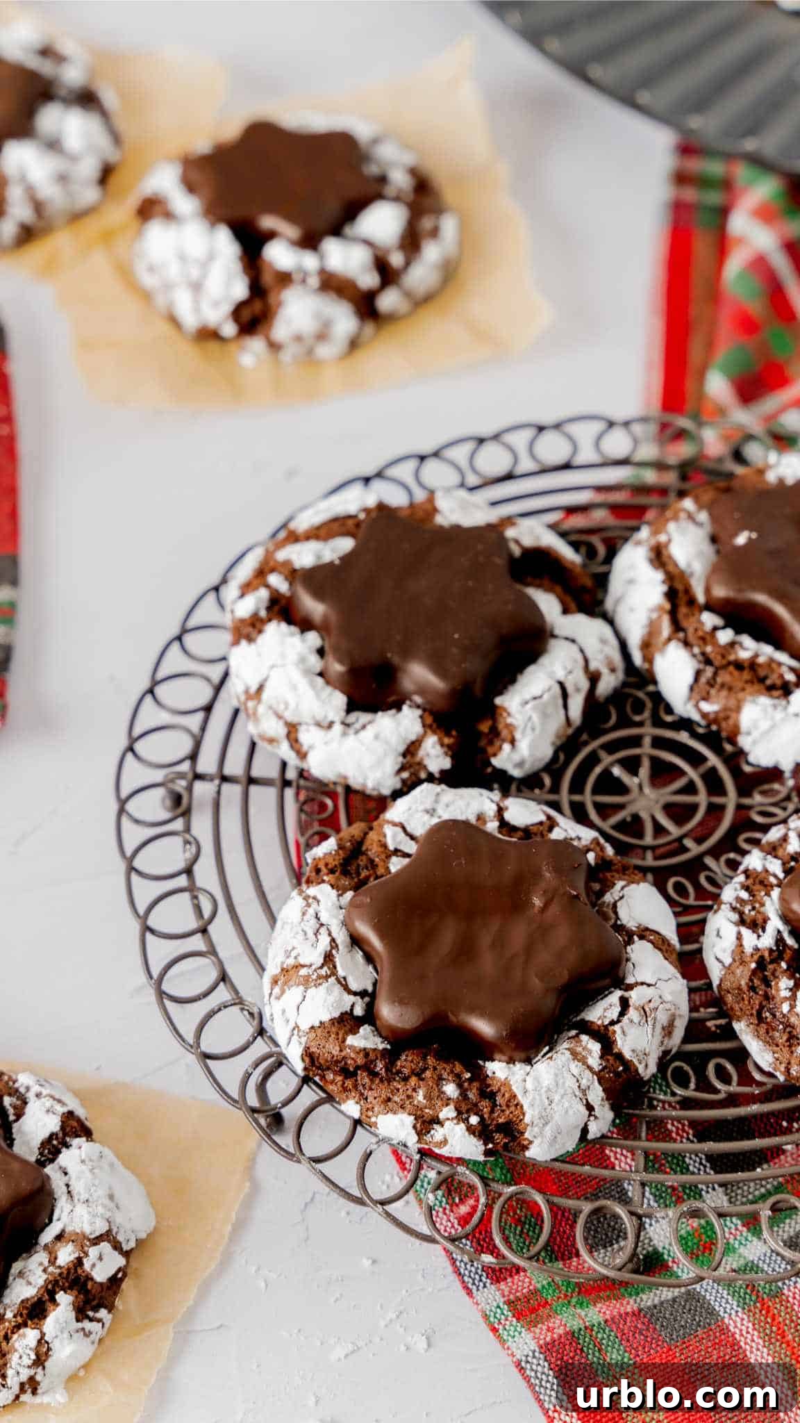Peppermint Hot Cocoa Crinkle Cookies on a round cooling rack with a Christmas plaid napkin underneath.