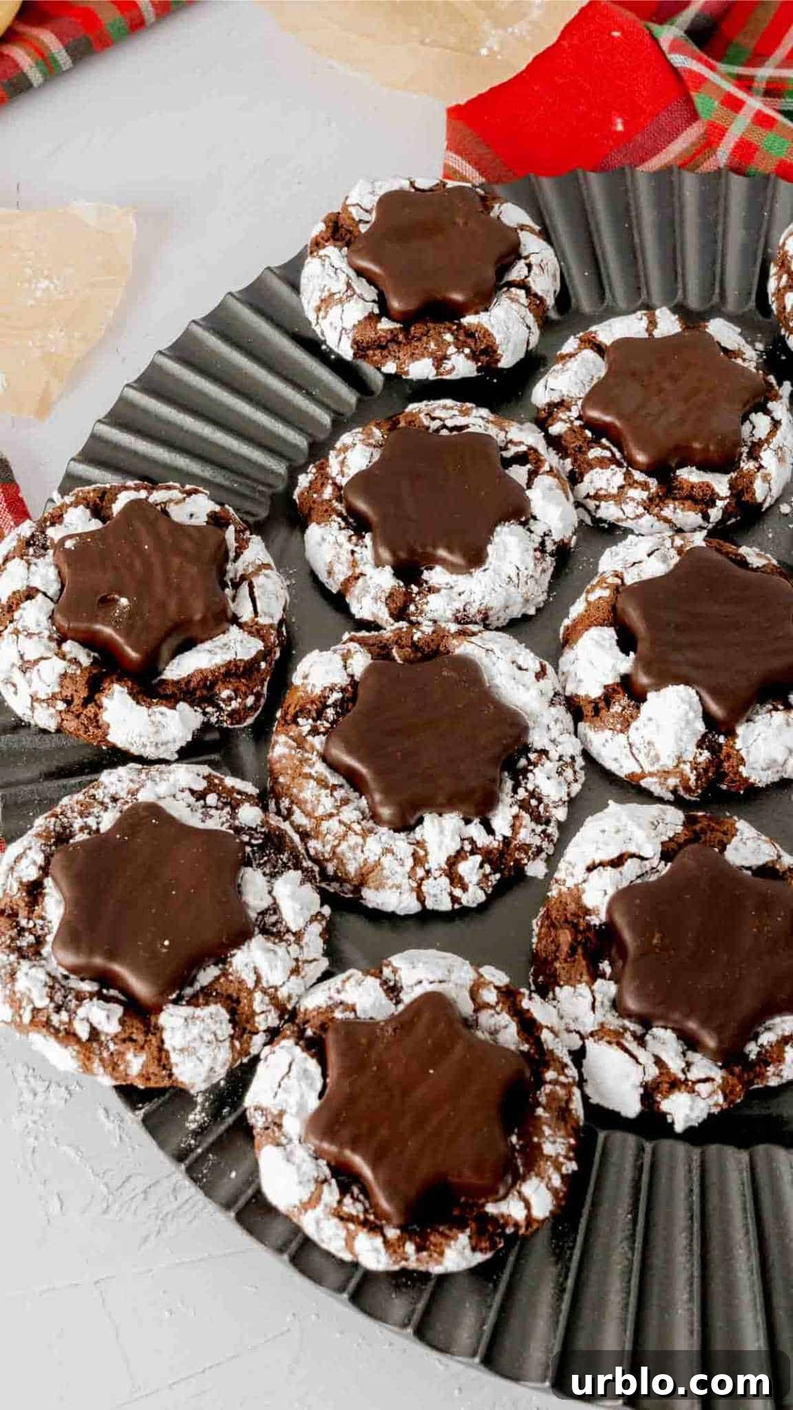 Peppermint Hot Cocoa Crinkle Cookies with a snowflake York peppermint patty pressed in the center.
