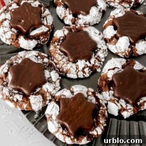 Peppermint Hot Cocoa Crinkle Cookies with a snowflake York peppermint patty pressed in the center.