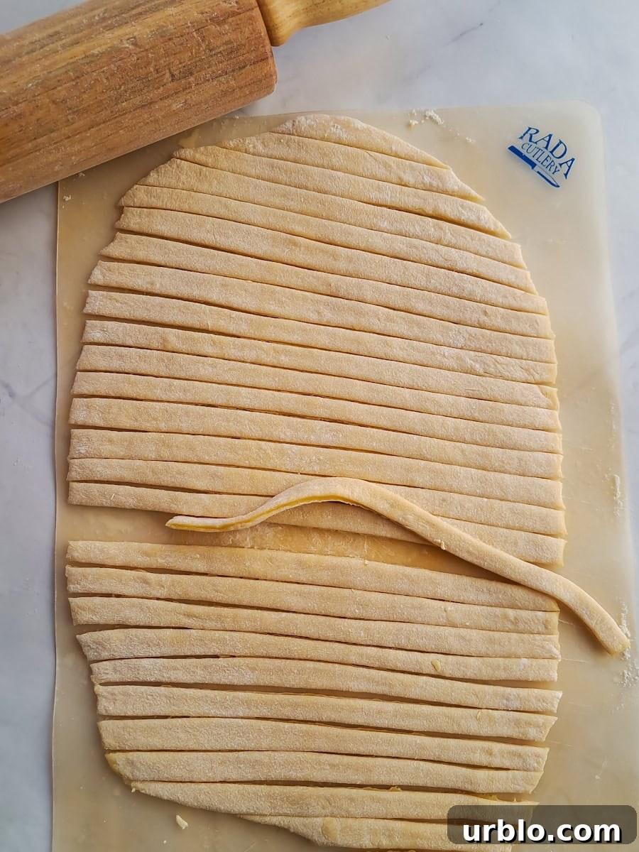 cutting rolled out noodle dough into strips to make noodles.