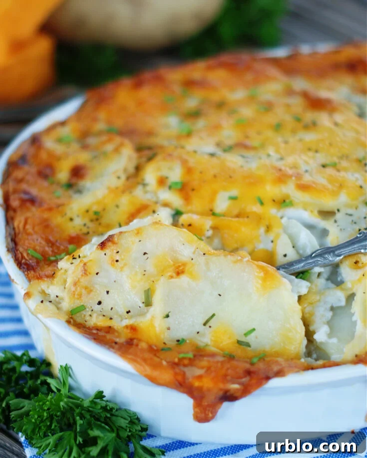 Rich cream sauce and a topping of cheese make a delicious scalloped potatoes side dish.