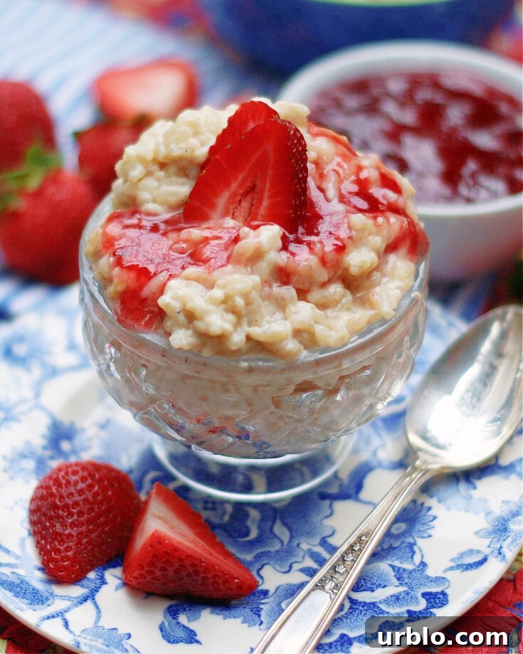 Old Fashioned rice pudding with strawberry compote