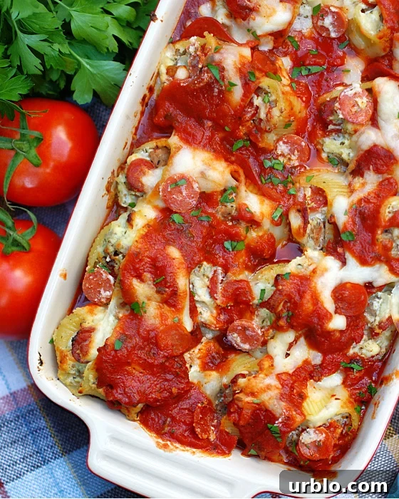 Pizza Stuffed Pasta Shells in a baking dish