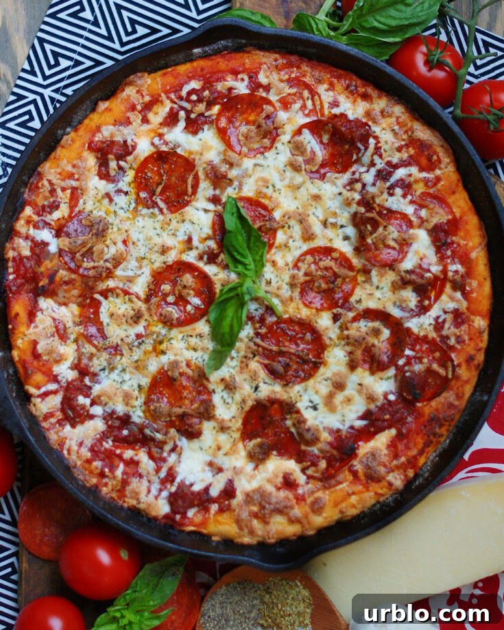 An easy homemade Chicago-style, deep dish pizza in a cast iron skillet.
