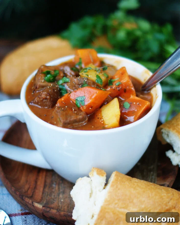 Homemade beef stew with tender chunks of chuck roast, the best beef for stew, and sweet potatoes